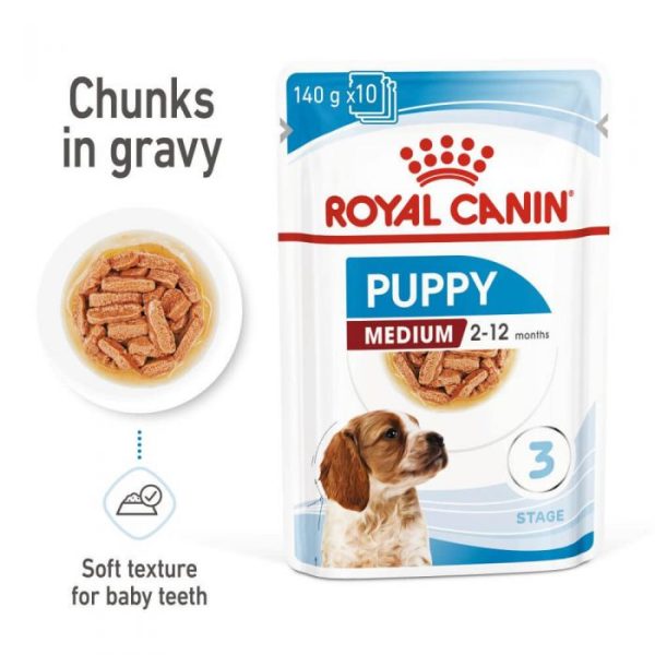 Royal Canin Medium Puppy Wet Food (in Gravy) 10x140g Pouches - Image 2